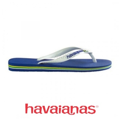 Sandália havaianas azul com tiras brancas e logótipo azul sobre fundo branco e logo vermelho