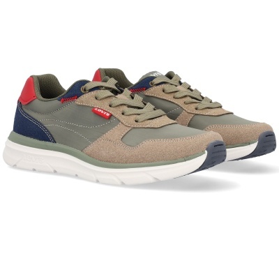 Ténis Levis verde musgo com detalhes em camurça bege, azul e vermelho