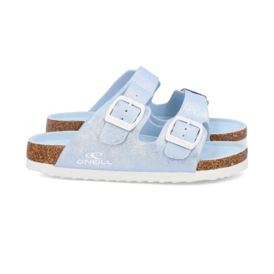 Sandálias slides azuis claras com fivelas e sola de cortiça