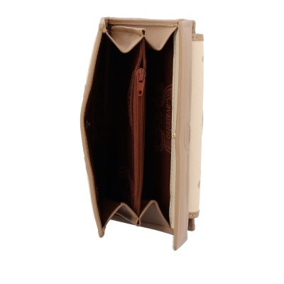 Carteira aberta vista de cima com interior castanho e fecho de correr