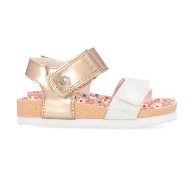 Sandália infantil dourada e branca com padrão colorido no interior