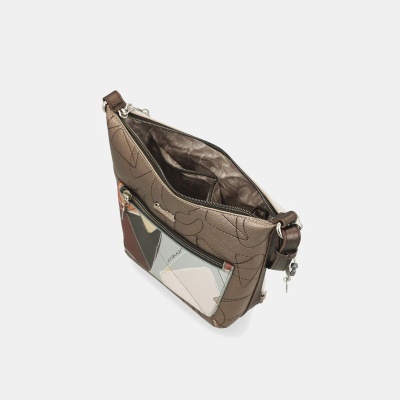 Bolsa de ombro castanha com padrão geométrico e fecho de correr