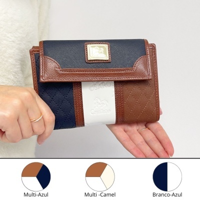 Carteira Cavalinho em couro e tecido azul, castanho e branco com padrão e detalhe metálico
