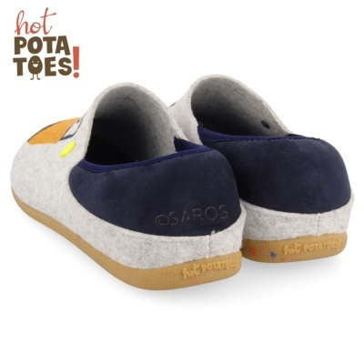 Chinelos cinzentos e azuis para crianças com sola castanha e logo Hot Potatoes