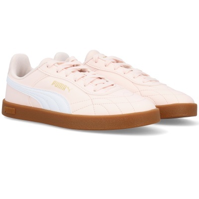 Sapatilhas cor de rosa claro com sola castanha e logo PUMA dourado