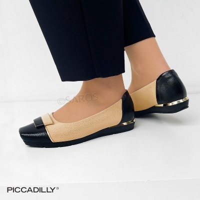 Sapatilhas femininas bege e pretas Piccadilly com sola preta e detalhe dourado
