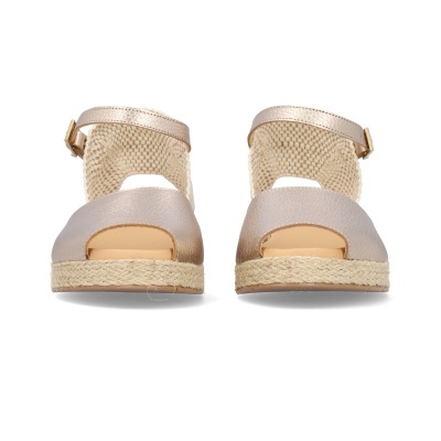 Sandálias femininas castanho claro com salto de corda e tiras em padrão de pele cobra