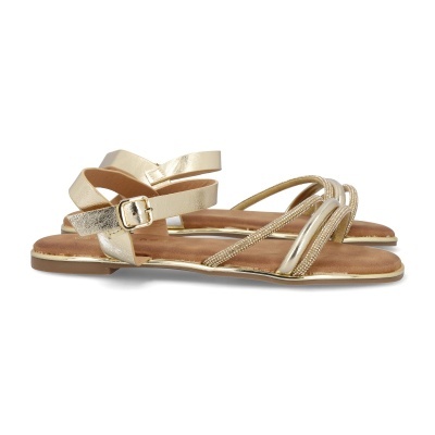 Sandálias douradas femininas com tiras finas e strass
