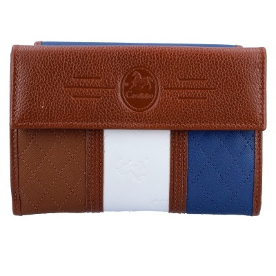 Carteira de senhora castanha com tecido azul e branco e logo Cavalinho gravado.