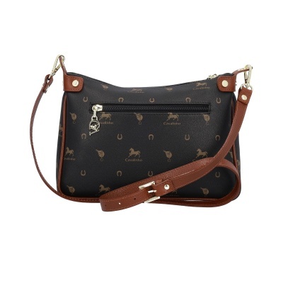 Mala tiracolo preta com padrão castanho e alça castanha em pele