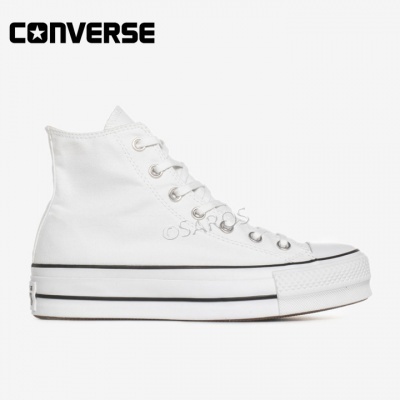Tênis branco de cano alto Converse com sola espessa branca e detalhes em preto