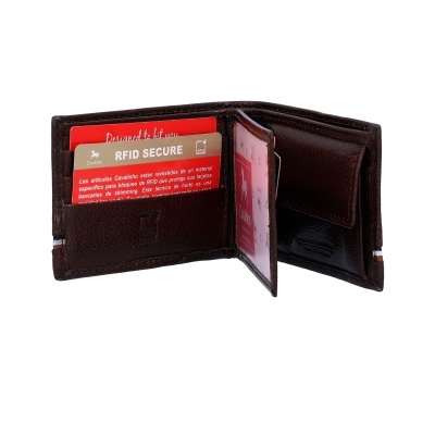 Carteira de couro castanho-escuro com cartão RFID Secure vermelho e múltiplos compartimentos