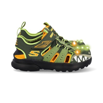 Sandália infantil Skechers verde e laranja com luzes e velcro