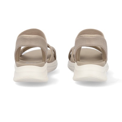 Sandálias femininas bege com sola branca vistas de trás