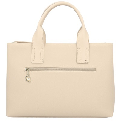 mala de mão bege com fecho de correr frontal e pegas curtos