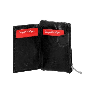 Carteira preta de pele aberta com etiquetas vermelhas