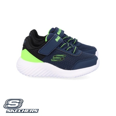 Sapatilhas Skechers azuis e verdes para criança com sola branca ondulada