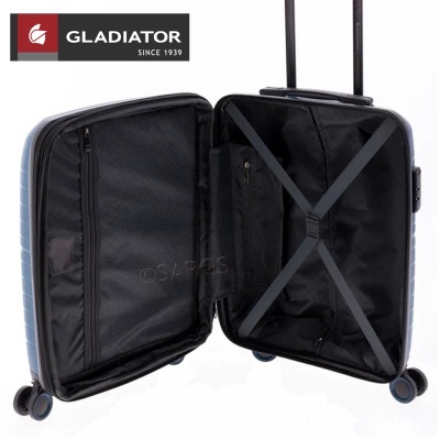 Mala de viagem azul aberta com compartimentos interiores e rodas.