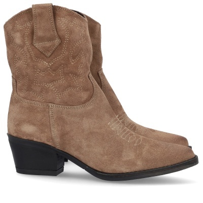 Botas cowboy beige em camurça com salto preto