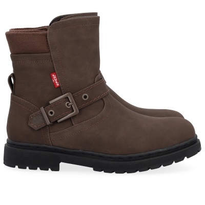 Botas castanhas escuras em couro com sola preta e cinto com fivela