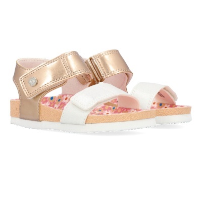 Sandálias infantis com tiras brancas e douradas e padrão colorido no interior
