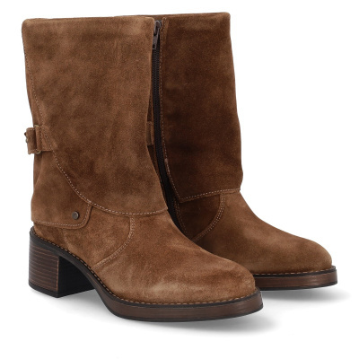 Botas femininas cano médio castanhas em camurça com salto bloco