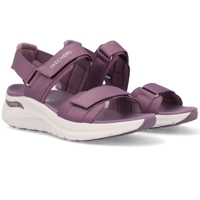 Sandálias Skechers roxas com tiras ajustáveis e sola branca
