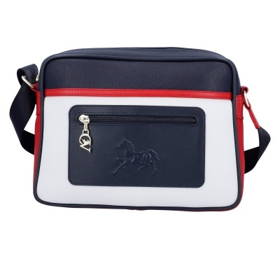 Mala tiracolo azul, branca e vermelha com bolso exterior e fecho de correr.