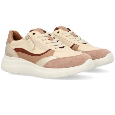 Ténis unissexo bege e castanhos com sola branca e fecho de correr