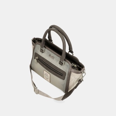 Mala de senhora cinzenta e bege com bolso frontal e alças