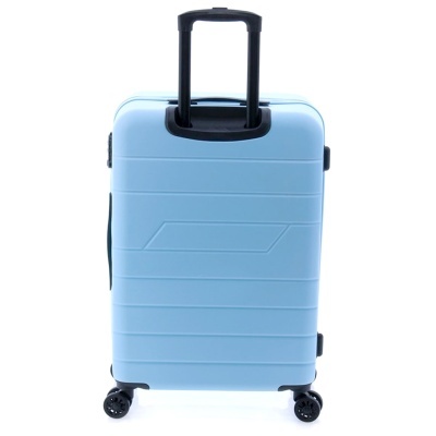 Mala de viagem rígida azul clara com quatro rodas e pega extensível preta