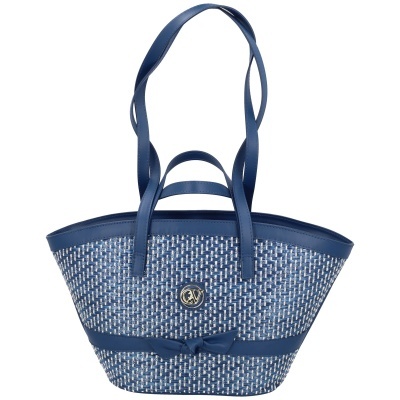 Mala tote azul com padrão tecido e detalhes em pele