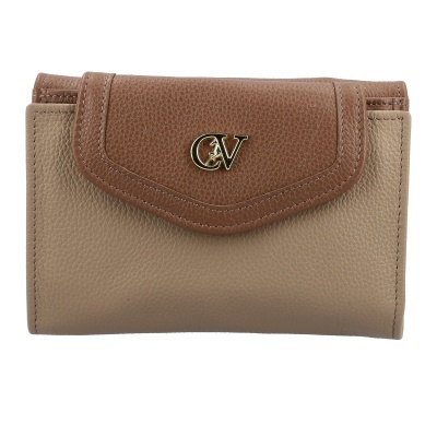 Carteira castanha e bege em pele com logótipo metálico CV