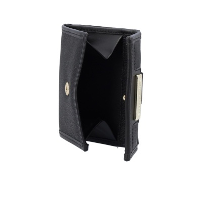 Carteira preta de couro com fecho metálico dourado