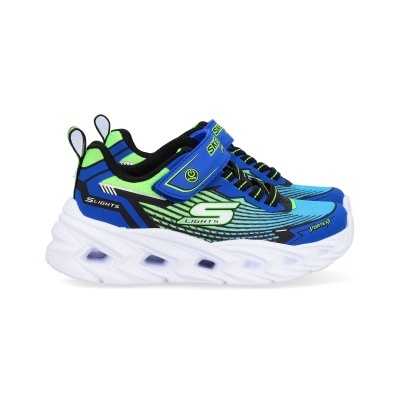 Ténis desportivos azul, verde e branco Skechers Lights com sola branca espessa e fecho em velcro