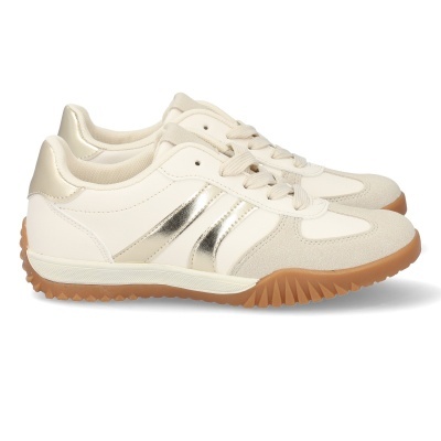 Ténis bege e dourados com sola castanha e atacadores