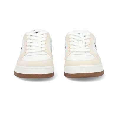 Ténis desportivos brancos com detalhes em bege e sola castanha