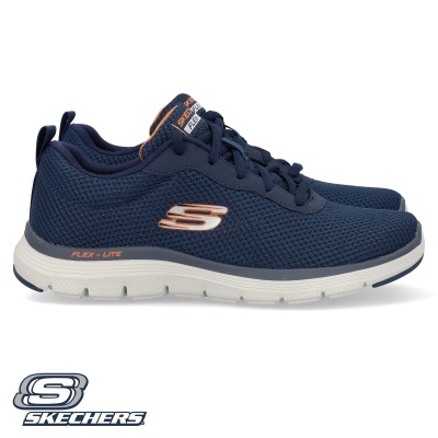 Sapatilhas desportivas azul escuro Skechers com sola branca e detalhes em laranja