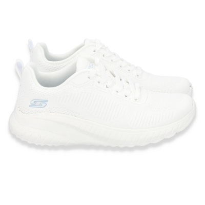 Sapatilhas brancas Skechers com sola grossa e logo azul