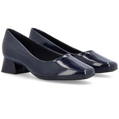 sapatos femininos azul escuro verniz com salto baixo quadrado