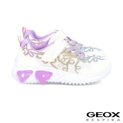 Sapatilhas infantis Geox Respira branco com detalhes lilás e sola branca