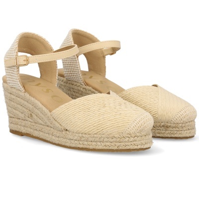 Sandálias de cunha bege com tiras trançadas e sola de corda