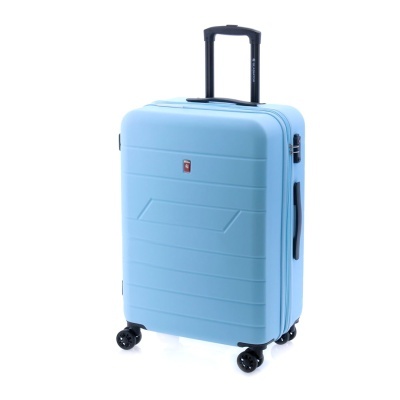 Mala de viagem rígida azul clara com rodas e pega expandível preta