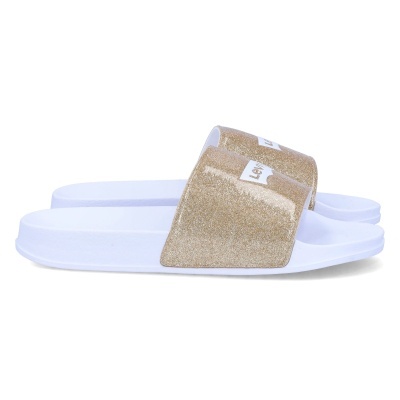 Chinelos tipo slide com sola branca e tira dourada brilhante Levis