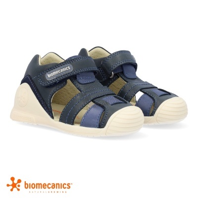 Sandálias azuis para criança da marca biomecanics com sola branca