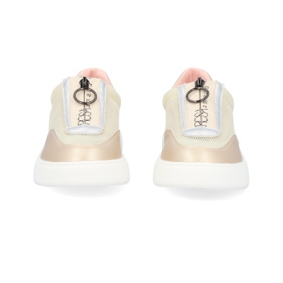 Ténis femininos bege, rosa e branco vistos de trás com fecho e sola branca