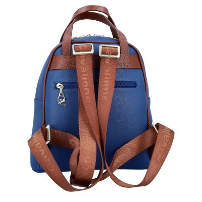 Mochila azul com correias castanhas e detalhes castanhos tipo pele
