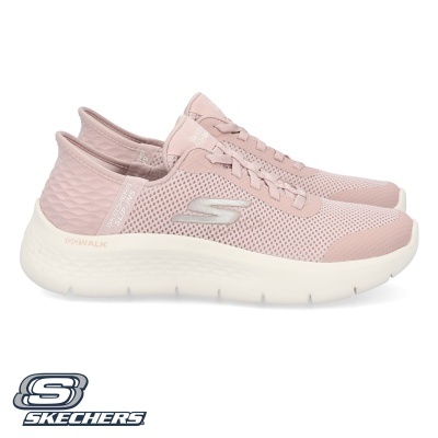 Ténis Skechers rosa claro com sola branca e logo prateado