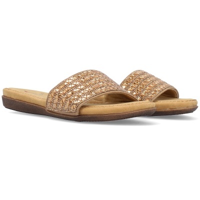 Chinelos femininos dourados com sola castanha e tira larga trançada