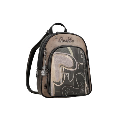 mochila pequena castanha e preta com padrão abstrato e logótipo Anekke